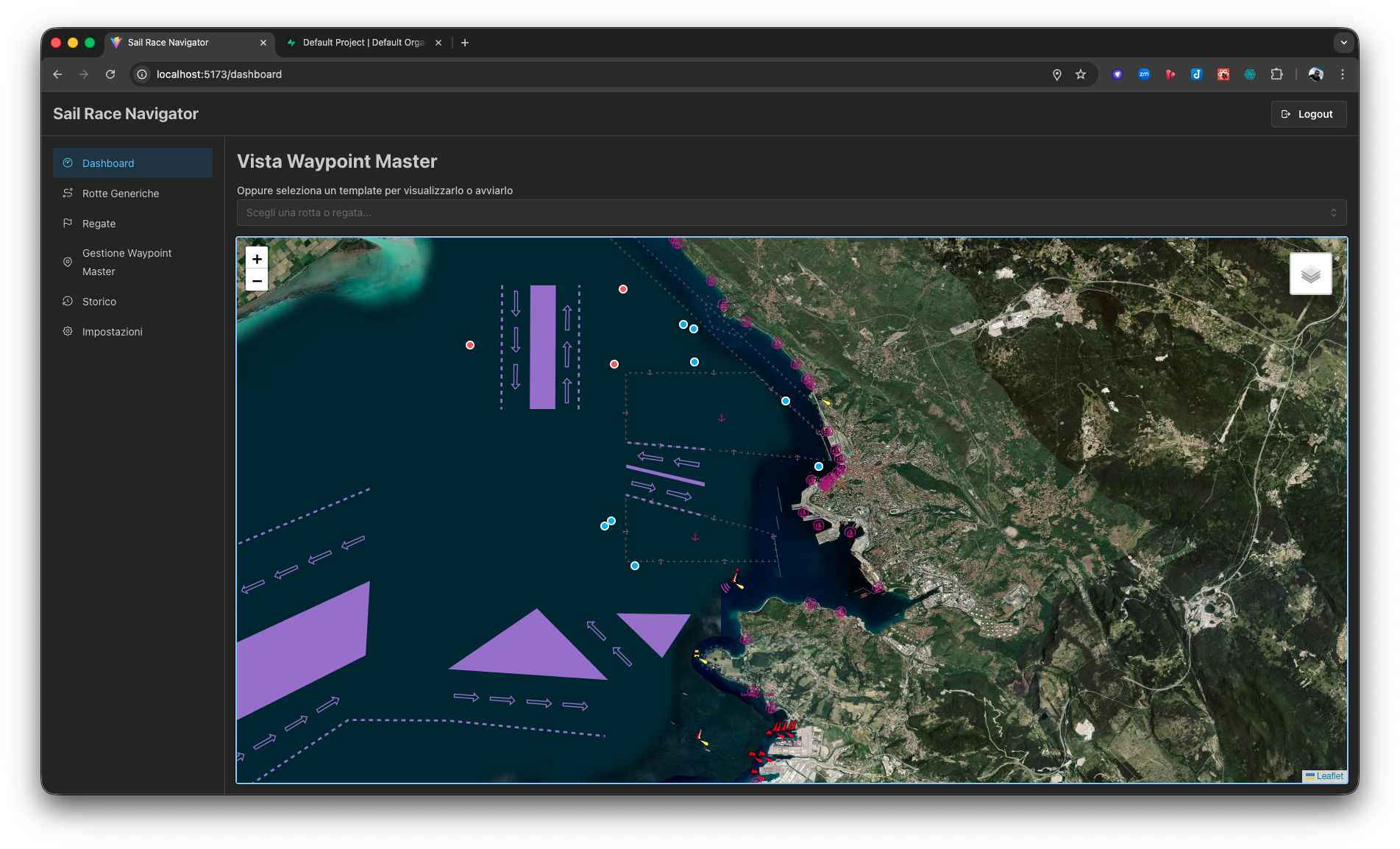 Anteprima della Dashboard del Sail Race Navigator con elementi di navigazione e dati tattici