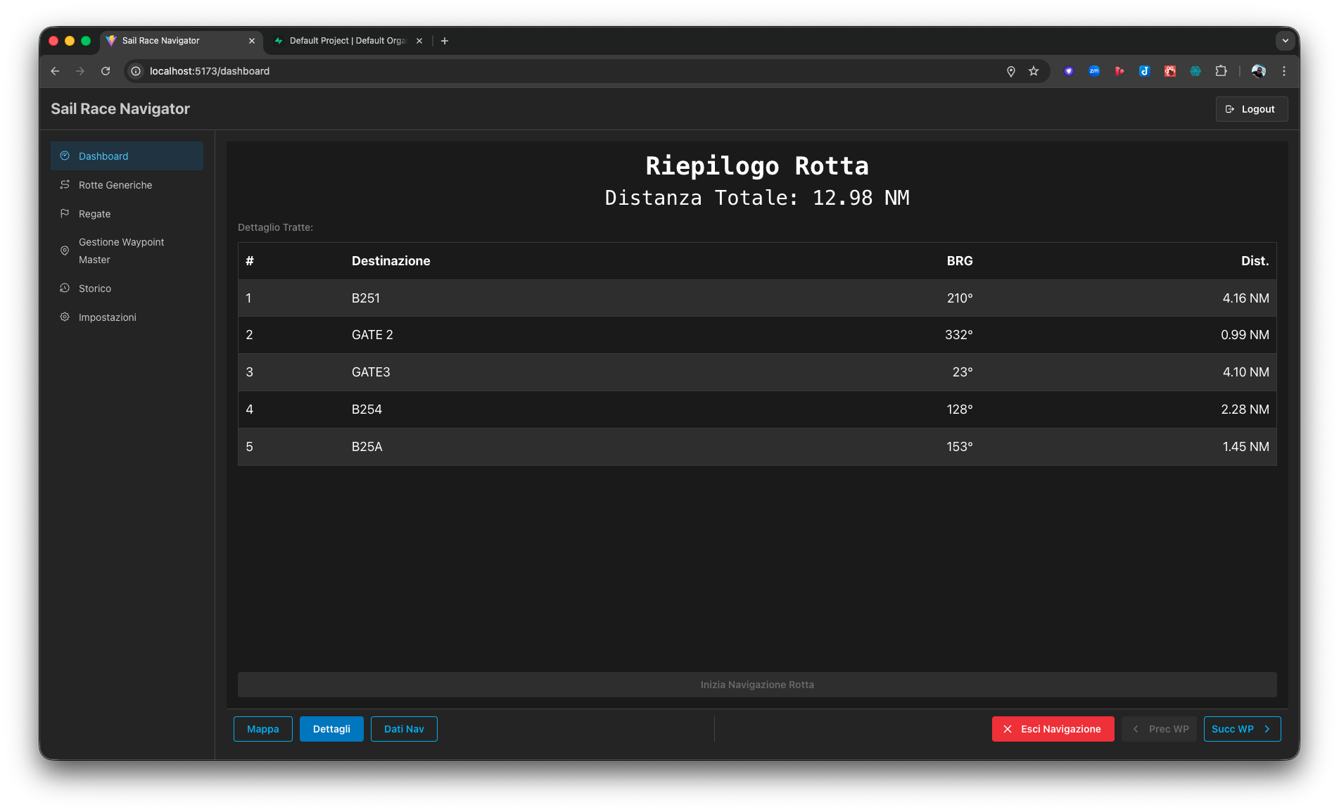 Interfaccia di navigazione in rotta con dati in tempo reale